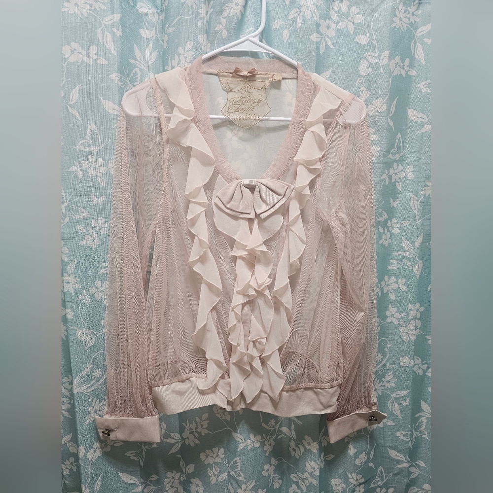 Twelve by twelve Elegant Sheer Ruffle Blouse, pale pink. size M